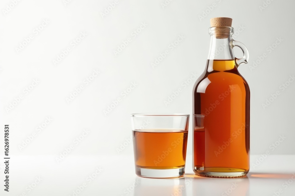 Amber syrup bottle & glass, rich texture, white backdrop, delicious, waffle Amber syrup bottle & glass, rich texture, white backdrop, delicious, waffle