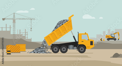 Yellow dump truck unloading gravel at construction site with crane and excavator. Vector illustration