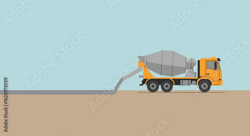 Yellow cement mixer truck pouring concrete on construction site. Vector illustration