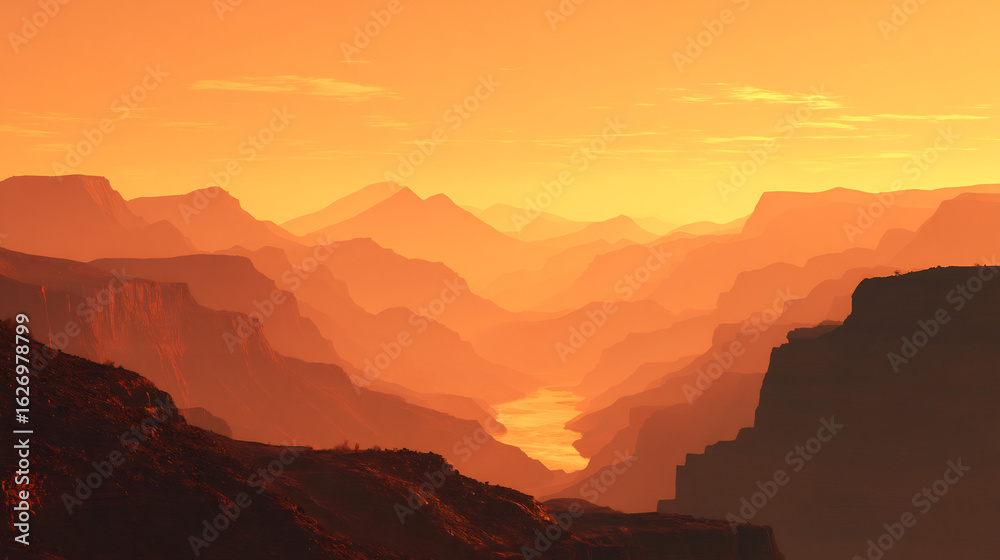 Naklejka premium sunset over canyon with warm glowing haze