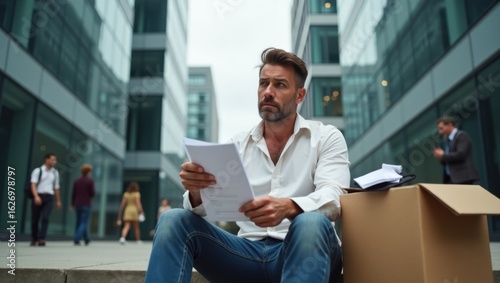 Un hombre desempleado y abatido, con expresión cansada, sentado en unos escalones de cemento con una gran caja de cartón a su lado