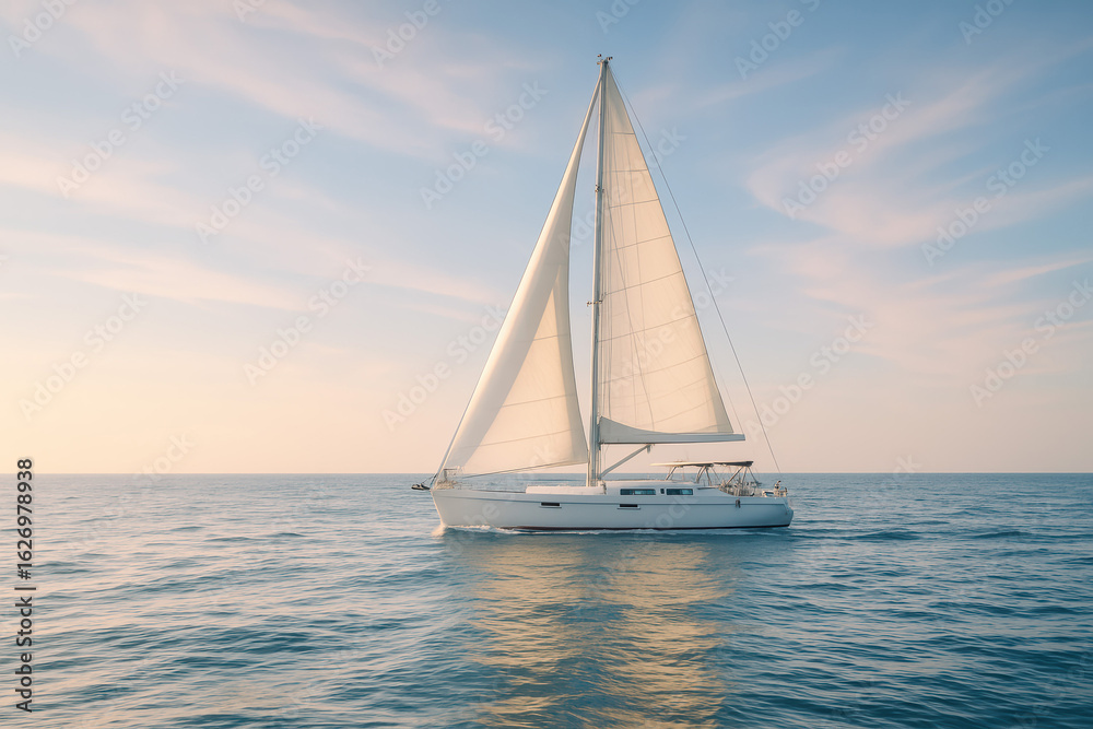 Fototapeta premium A white sailboat glides across calm waters under a clear sky. The sails are fully extended, catching the gentle breeze. The scene conveys tranquility and adventure.