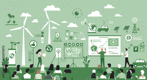Sustainable energy seminar with diverse attendees and renewable technology. Vector illustration