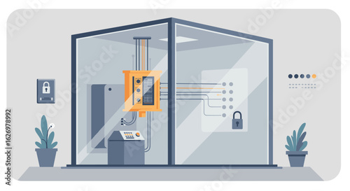 Modern data center server room with secure connections and equipment. Vector illustration