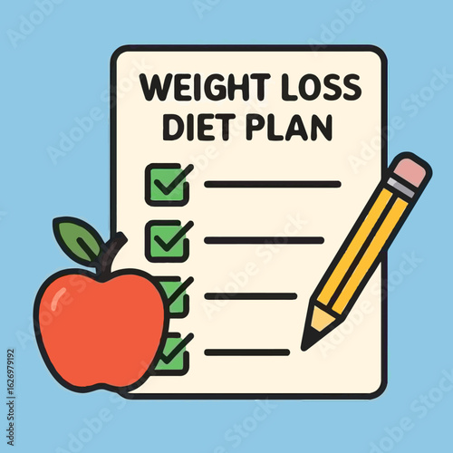 Illustration of a weight loss diet plan checklist with an apple and pencil, ideal for representing health, fitness, nutrition, and wellness goals in a modern style