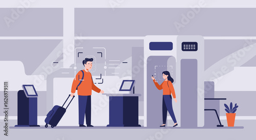 Caucasian male and asian female travelers using airport security checkpoint. Vector illustration