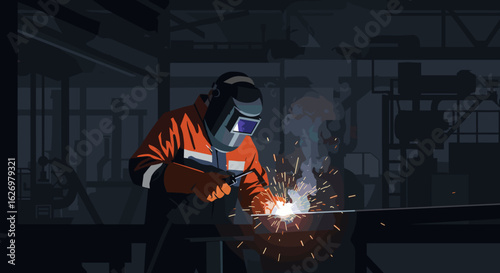 Male welder working in industrial workshop with protective gear and welding torch. Vector illustration