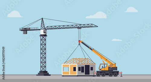 Construction site with tower crane lifting modular house structure under blue sky. Vector illustration