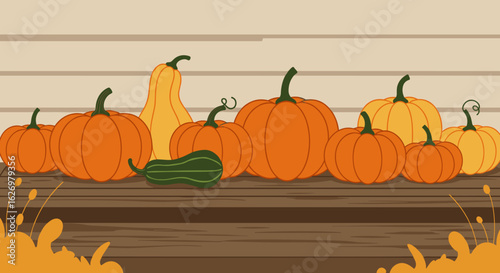 Assorted pumpkins and gourds on wooden table for autumn harvest. Vector illustration