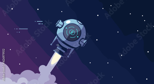 Futuristic rocketship blasting through starry night sky in outer space adventure. Vector illustration