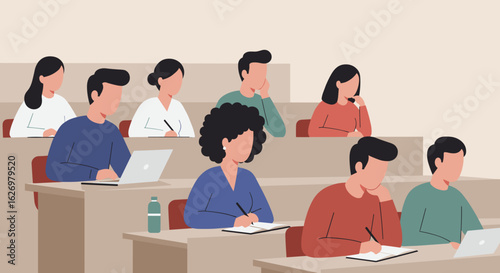 Diverse group of students in classroom lecture taking notes with laptops and notebooks. Vector illustration