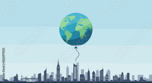 Earth balloon floating above city skyline with global warming theme. Vector illustration
