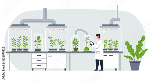Male scientist in laboratory with plants in glass containers conducting research. Vector illustration
