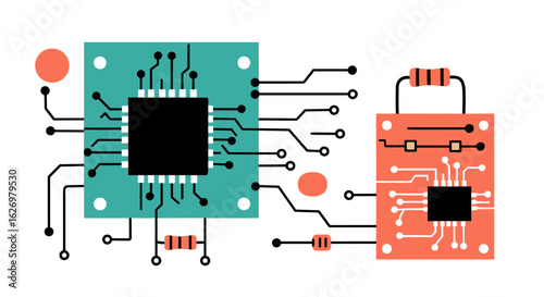 Circuit board connection with microchips and electronic components. Vector illustration