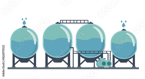 Water treatment tanks with pipelines and valves for industrial liquid storage. Vector illustration