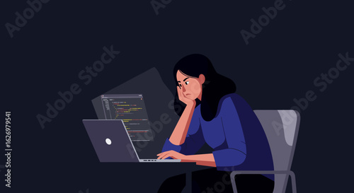 Female coder focused on programming project at night on laptop. Vector illustration