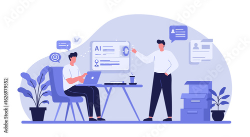 Team meeting with caucasian men discussing ai technology in modern office. Vector illustration