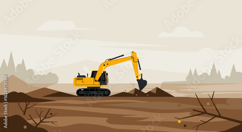 Yellow excavator on construction site moving soil on cloudy day. Vector illustration