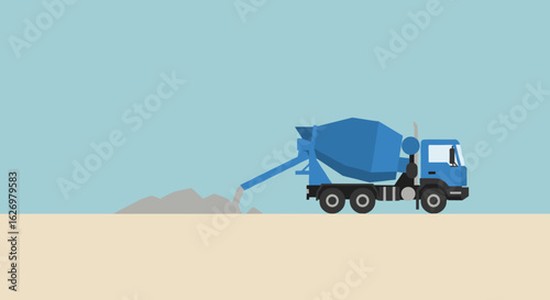 Blue cement mixer truck unloading concrete on construction site. Vector illustration
