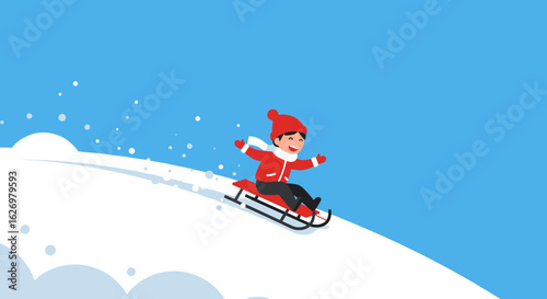 Young caucasian child sledding downhill in winter outfit on snowy slope. Vector illustration