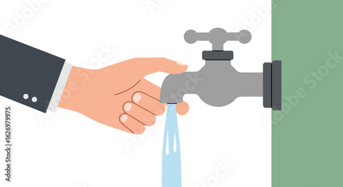 Hand turning faucet handle with water flowing from tap on white background. Vector illustration