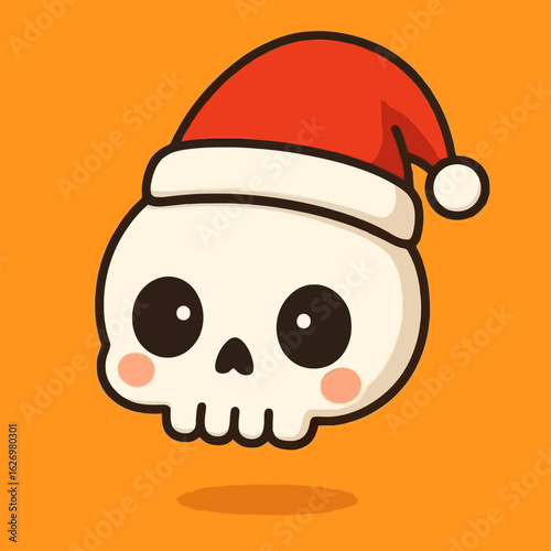 Vector art of a whimsical cartoon illustration of a skull wearing a santa hat, blending spooky and festive elements for a unique holiday design, perfect for adding a touch of dark humor