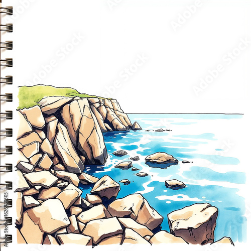 Coastal rocks and turquoise water illustrated in vibrant style  