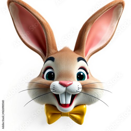 Cartoon rabbit head with long ears, big eyes, buck teeth, and a yellow bow tie on a white background created with generated ai