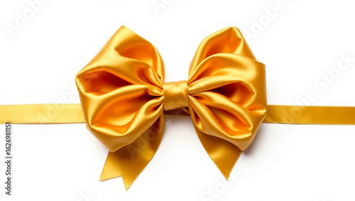 A golden ribbon tied in a bow with a long tail on a white background in a horizontal composition created with generated ai