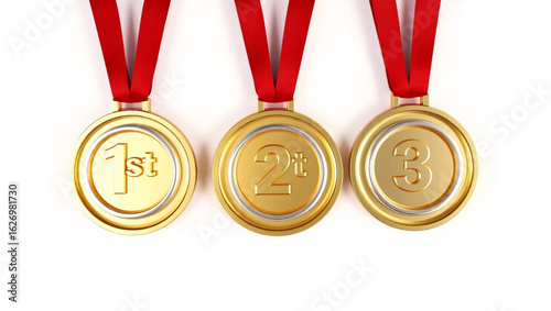 Close up of first second and third place gold medals with red ribbons on a white background display created with generated ai