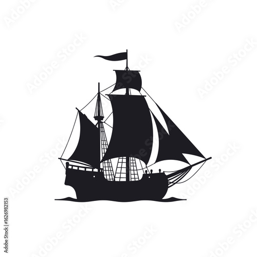 Silhouette of a  Nina/Pinta/Santa Maria ship  sailing on calm waters, black and white design
