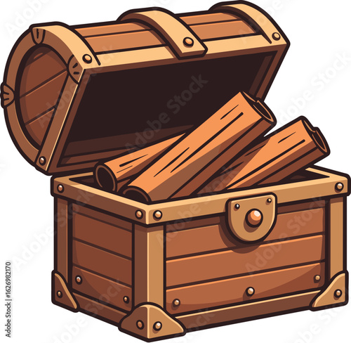 Treasure chest filled with cinnamon as a precious item, colorful illustration, whimsical art
