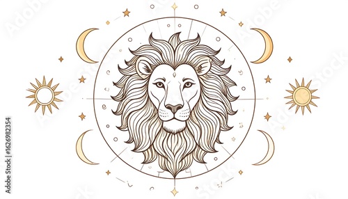 Lion's head surrounded by celestial symbols