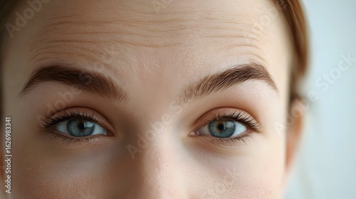 Close up of woman's eyes with blue iris and brown eyebrows for beauty and eye care product marketing