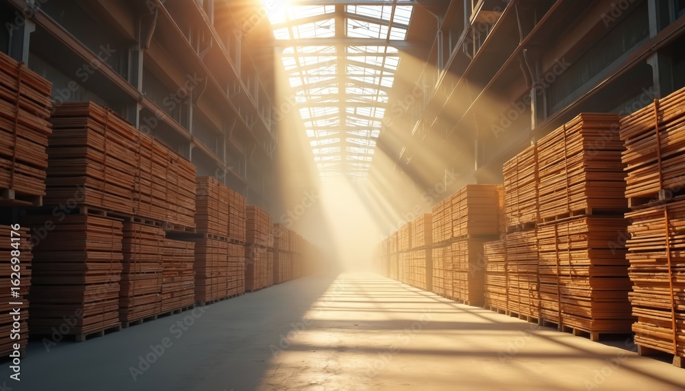 Fototapeta premium Sunlight streams through warehouse ceiling, illuminating rows of stacked lumber, wood. Stacks of timber create pattern of texture, light on industrial interior floor. Scene captures of construction
