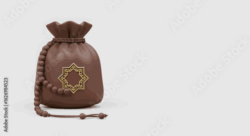 Ramadan Kareem Elegant 3D Illustration of a Brown Pouch with Beads and Islamic Design