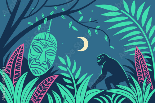 Mysterious tribal mask hangs in a jungle at night with a monkey watching