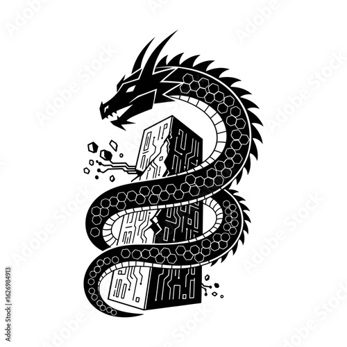 A black dragon coiled around a stone pillar isolated on white background
