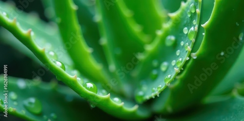 Close-up of aloe vera leaf with water drops glistening on its surface , texture, plant leaves, natural