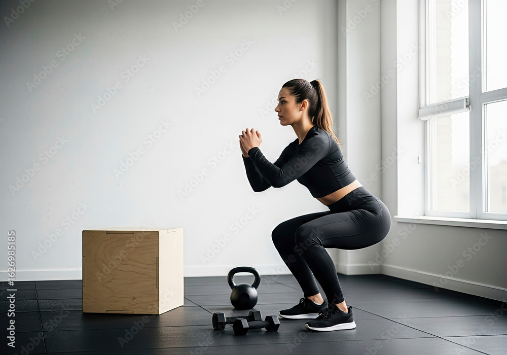 Obraz premium Woman squats in gym with dumbbells and kettlebell. A shot of athletic power and determination. Fitness goals, workout routine, strength training.