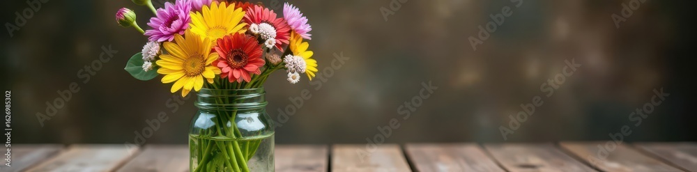 Fototapeta premium Fresh wildflowers in mason jar on wooden table , bouquet, flowers, tabletop