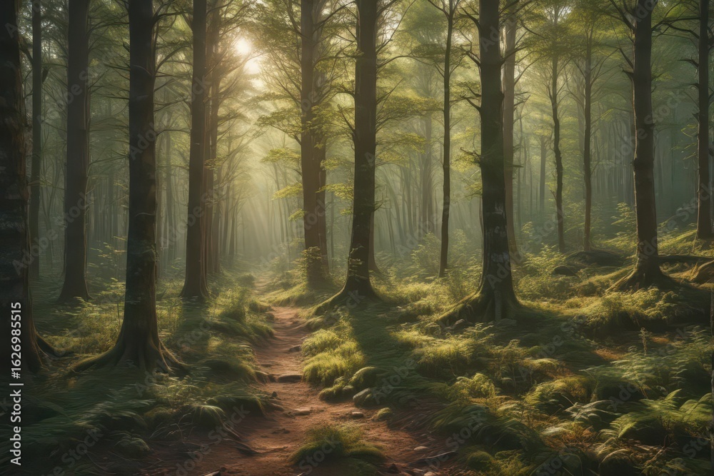 Obraz premium Textured forest backdrop, deep greens & browns, sunlight dappled , nature, brown