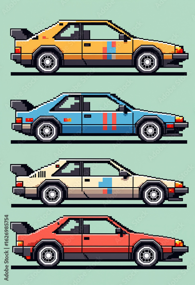 Naklejka premium pixel art 80s-style pixel car, as sprites for a racing game