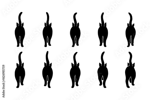 Group of black cat silhouettes walking away from the viewer isolated on white background