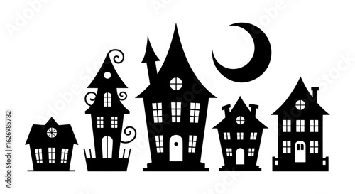 Wallpaper Mural Spooky black silhouette houses and crescent moon design for halloween season vector illustration Torontodigital.ca