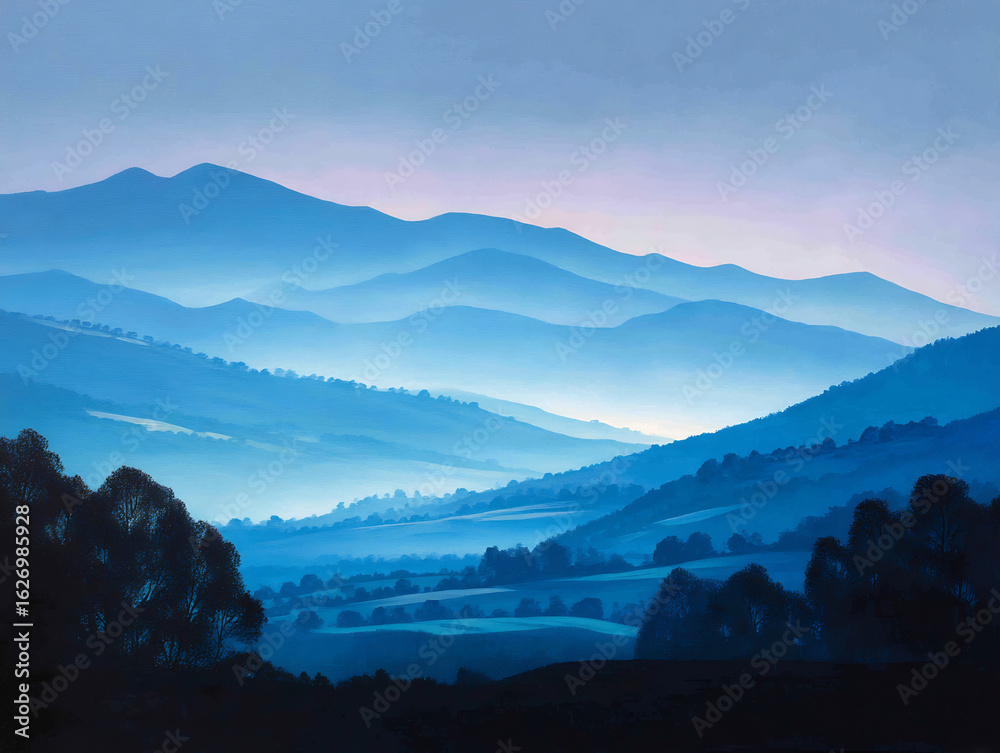 Obraz premium low blue mist between hills during sunset view
