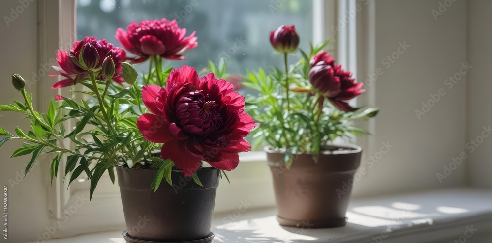 Burgundy peony bud on windowsill, potted blooms nearby , window, spring, peaceful Burgundy peony bud on windowsill, potted blooms nearby , window, spring, peaceful