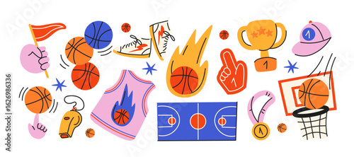 Basketball stickers in cartoon style. Sports objects, sneakers, ball, basket, sports equipment. Vector retro set	