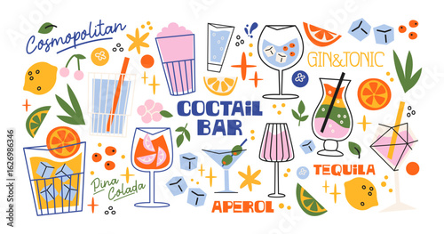 Cartoon stickers cocktails in glass jars and glasses, set of alcoholic drinks and fruits. Retro cans of refreshing drinks with ice for party. cocktail ingredients. trending doodle stickers