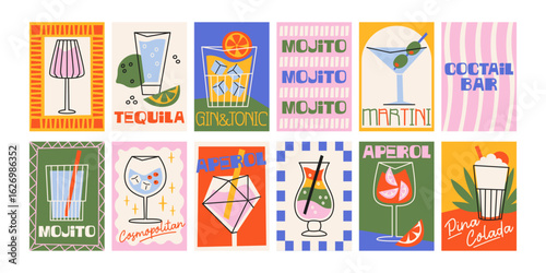 Posters with alcoholic cocktails for the kitchen and cards for the party. Drinks in glass jars and glasses. Wall decor for cafes, restaurants. Gift cards with champagne, gin tonic in cartoon 90s style